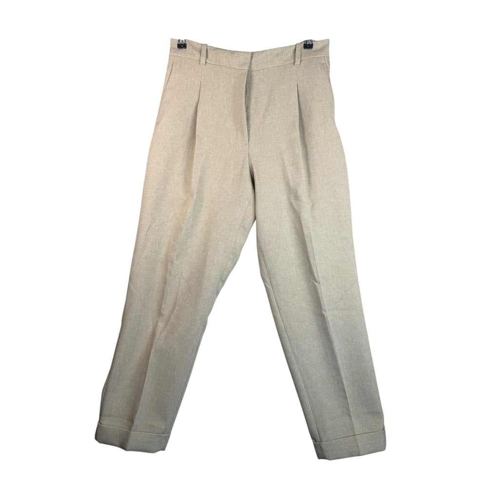 Zara Womens Beige High Waisted Pleated Cuffed Trousers Pants Size Large Tan